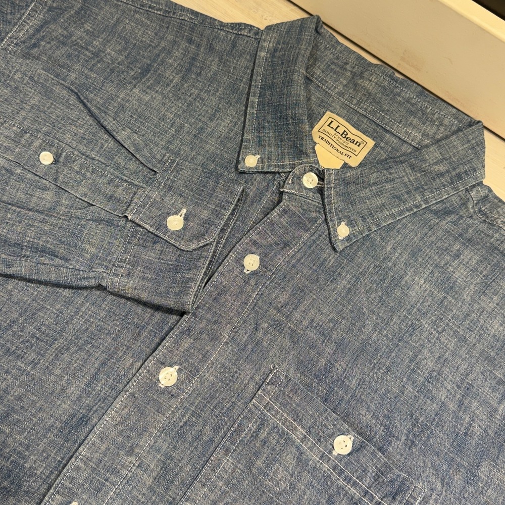 L.L. Bean Button‎ Down Shirt Men Sz L Blue Solid Cotton Spandex Traditional Fit